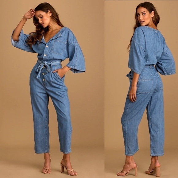 Free People Marley Medium Wash Denim Half Sleeve Jumpsuit - Picture 1 of 13